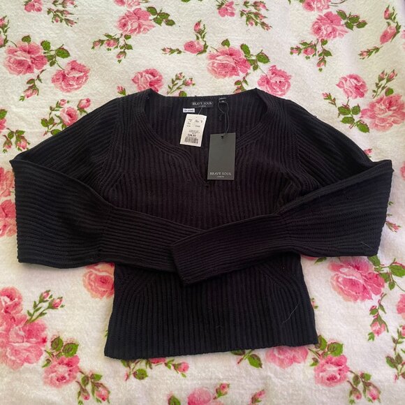 Tags Attached black knitted puffy sleeves drop sleeve plunge knitted sweater! - Picture 11 of 15